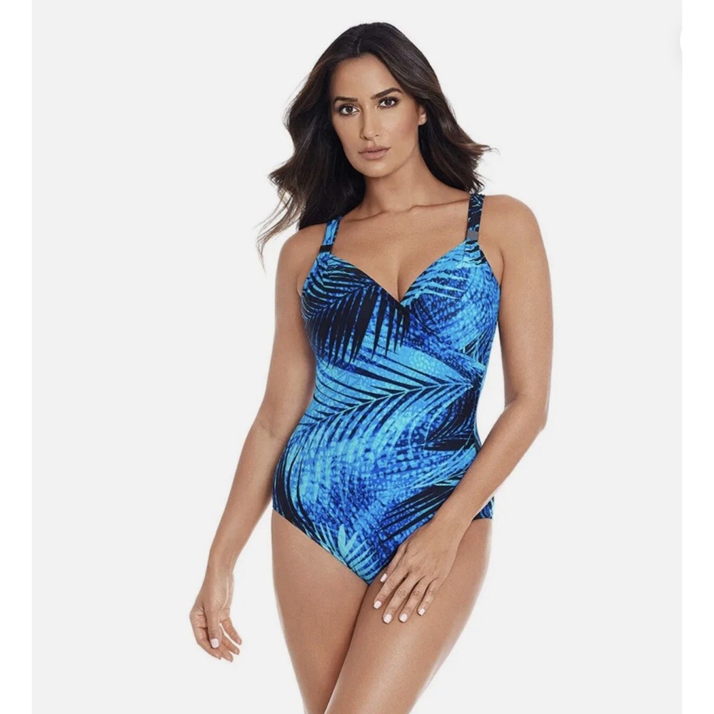Miraclesuit Siren One Piece Swimsuit Shadowcat 10 Blue Palm Leaf Tropical